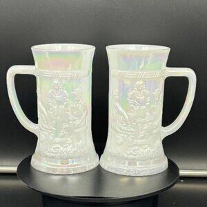Vintage Federal Milk Glass Tavern Scene Iridescent Pearl Luster Tall Mug Stein